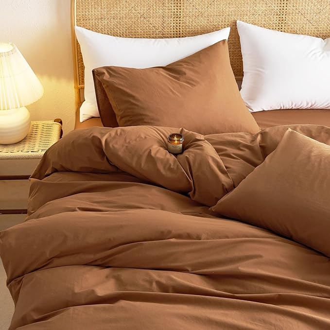 Wake In Cloud - Cotton Duvet Cover Set, 100% Washed Cotton, Linen Like Textured, Breathable Durable Comfy Farmhouse Neutral Bedding Set, 3 Pieces, Terracotta, King Size