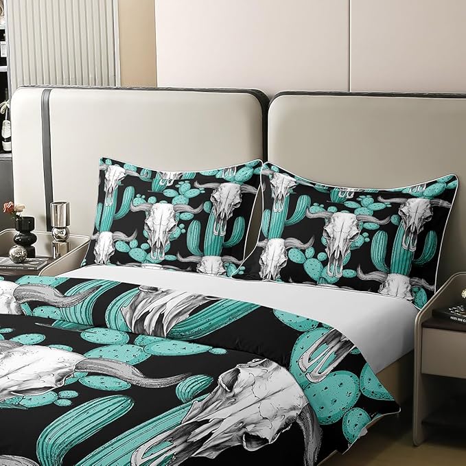 100% Cotton Buffalo Skull Duvet Cover Twin Cactus Bedding Set Wild West American Desert Tribal Comforter Cover Boho Western Botanical Room Decor Teal Black Ethnic Quilt Cover for Boys Men