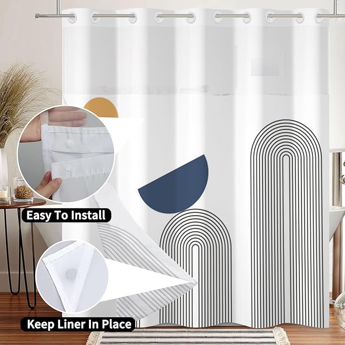 No Hook Boho Shower Curtain with Snap in Liner Set White Mid Century Shower Curtain for Bathroom Hotel Style Washable Fabric 71x74 Inch