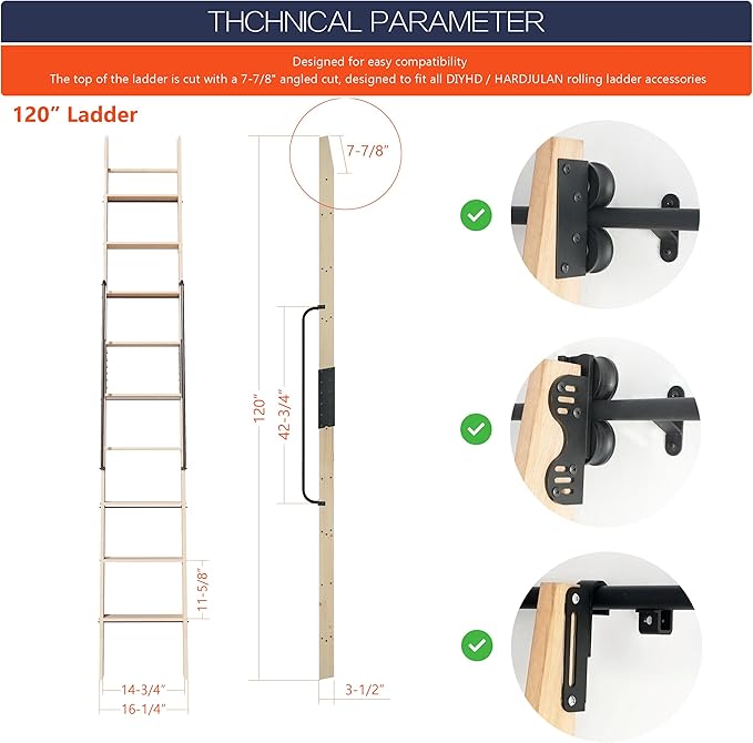 120in Knotty Pine Wood Library Ladder with Black Handrail – 300 lbs Capacity, Unfinished for Painting or Staining