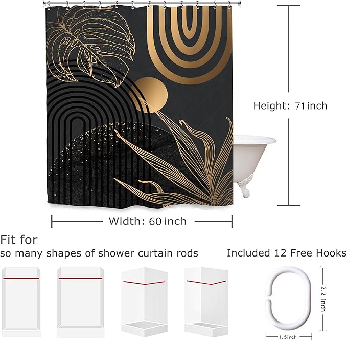 Yookeb Abstract Black Gold Minimalist Bathroom Shower Curtain 60W by 71H Inch Aesthetic Modern Contemporary Leaves Mid Century Neutral 12 Plastic Hooks Waterproof Decor