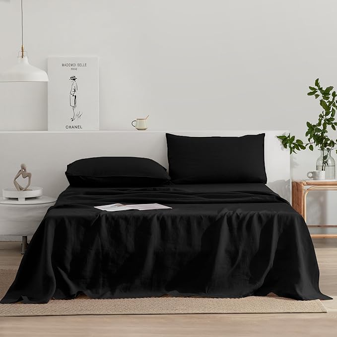 EVERLY Linen Sheets Set Twin Size,100% French Stonewash Pure Linen Sheets Set,3Pieces (1Flat Sheet,1Fitted Sheet,1Pillowcase) Suitable for Hot Sleepers,Deep Pocket Natural Bedding Set-Black