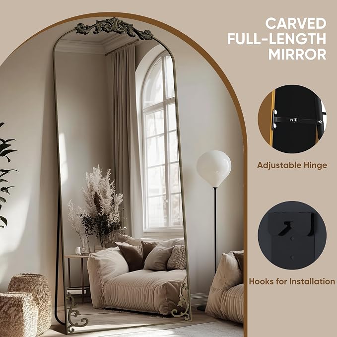 Antok Arched Full Length Mirror, 71"x28" Floor Mirror with Carved, Full Body Mirrors for HomeDecor, Standing/Halling Large Wall Mirror for Bedroom, Living Room, Cloakroom, Bronze, Luxury Style