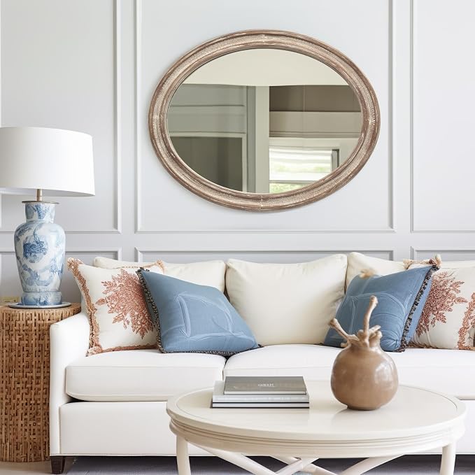 sawsile Oval Wood Mirror,Rustic 24x30 Inch Wooden Farmhouse Decorative Vanity Natural Mirrors for Bedroom, Bathroom, Living Room,or Entryway