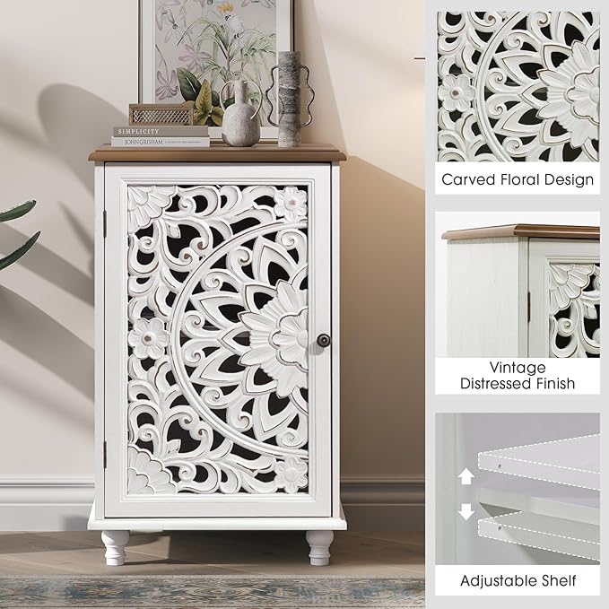 Small Accent Cabinet with Carved Mandala Door, White Storage Cabinet with Solid Wood Legs & Adjustable Shelf, Boho Distressed End Table for Living Room, Bedroom, Entryway Side Table