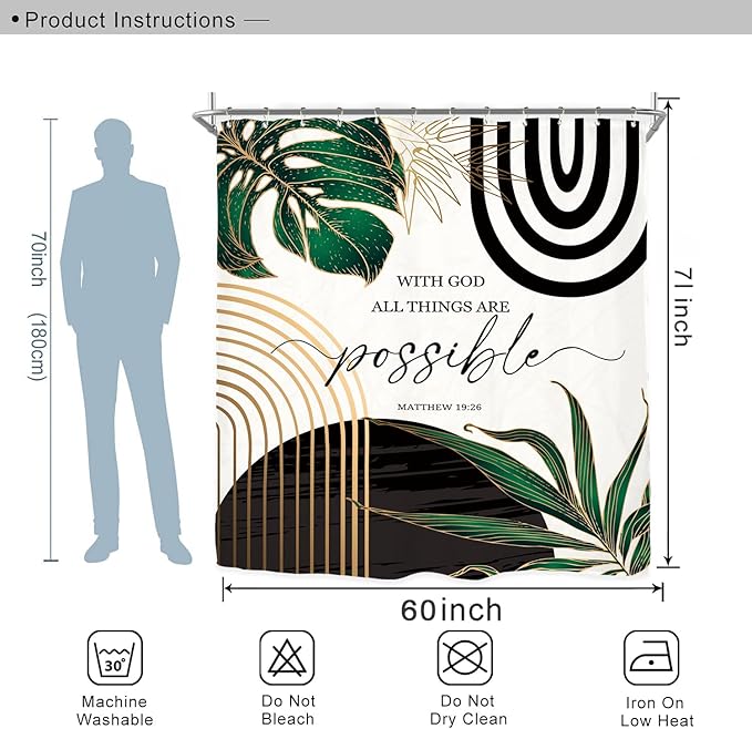 Miyotaa Abstract Emerald Green Shower Curtain Set 60Wx71H Inches Bible Christian Inspirational Motivational Minimalist Modern Tropical Leaves Contemporary Bathroom Curtain with 12 Hooks