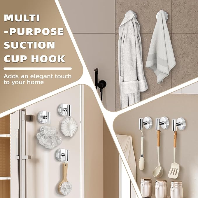 Suction Cup Hooks for Shower - Bathroom Reusable Hooks for Towels, Robes & Loofah - No-Drill Mounting on Kitchen,Walls,Metal,Glass,Mirrors,Tile & Smooth Non-Porous Surfaces (2, Chrome Polished)