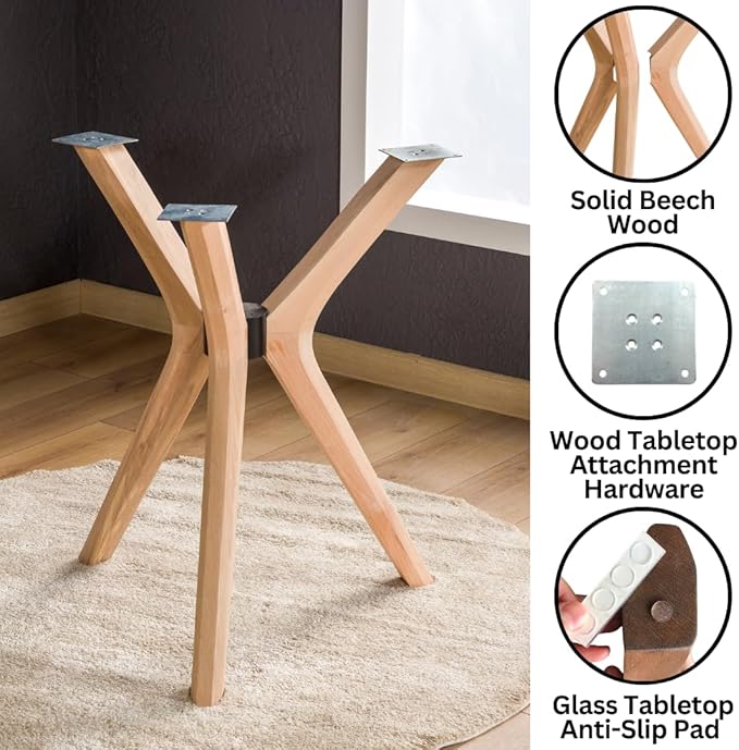 Mid Century Modern Dining Table Base Only, Pedestal Table Bases, Wooden Legs for Kitchen Tables, Glass Top Wood Top Assembly Tools Available (Wood Tabletop Hardware, Unfinished)