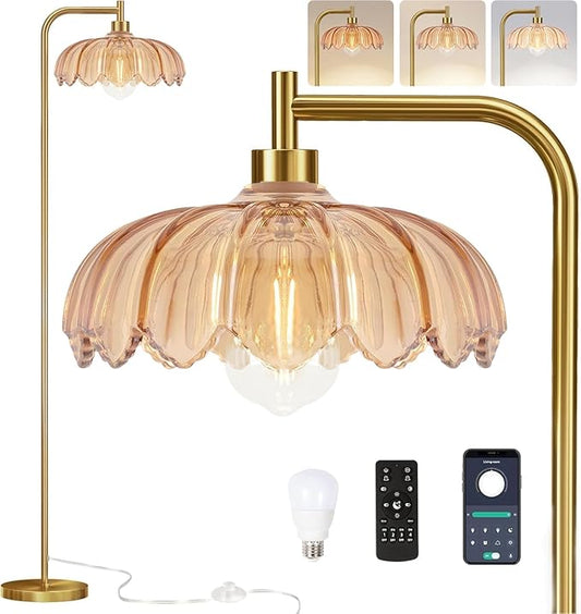 Gold Floor Lamp for Living Room,Bedroom,Mid Century Modern Standing Lamp with Remote,Dimmable Brass Tall Lamp Glass Lamp Vintage Retro Arc Floor Lamps Flower Floor Light Boho Bohemian