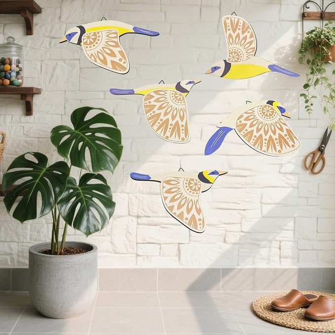 EMINGSKY 5 Pcs Wooden Bird Wall Art Wood Flying Birds Wall Decor Boho Rustic Folk Art Home Decor for Gift Living Room Bedroom Kitchen Office (Blue)