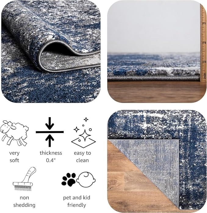 Keen Home Design Area Runner Rugs - 2x12 Non-Shedding, Abstract Runner for Kitchen, Living Room, Bedroom, Dining Room, Entryway - Size: 2'8" x 11'11", Navy/Grey/White