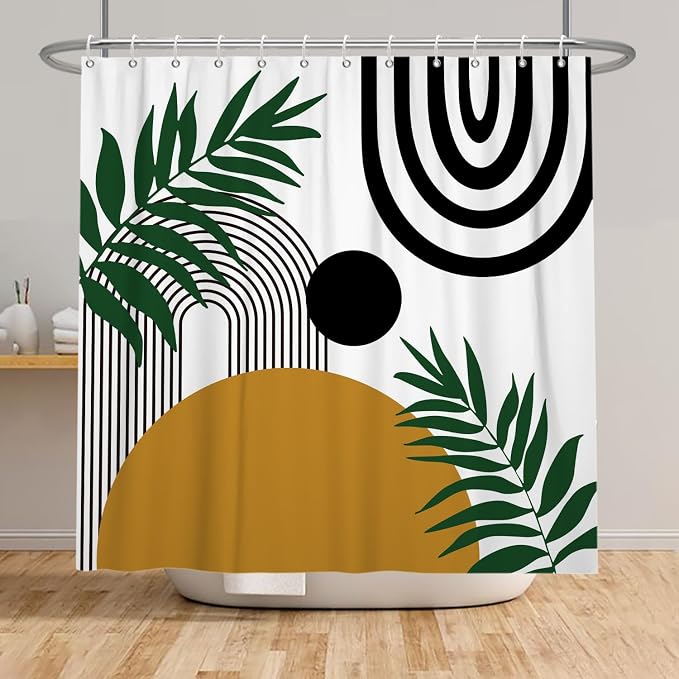 Boho Mid Century Shower Curtain Bohemian Abstract Modern Sun Bathroom Curtain Geometric Arch Curve Leaves Polyester Shower Curtain Sets for Bathroom Extra Long 72x84 in with 12 Hooks