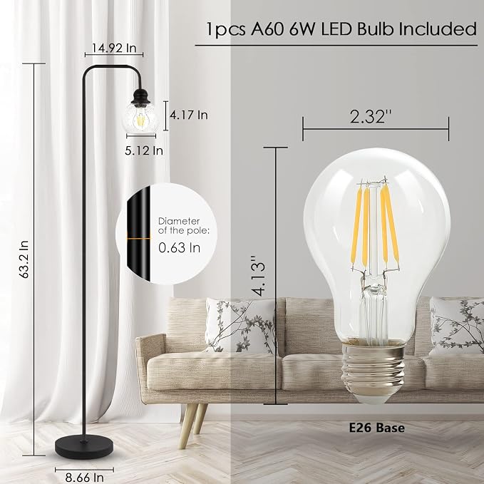 Modern Floor Lamp for Living Room with 6W LED Bulb, Industrial Floor Lamp, Seeded Glass, Black Classic Reading Tall Lamp for Home Office, Standing Lamps for Bedroom, Minimalist, Vintage, Farmhouse