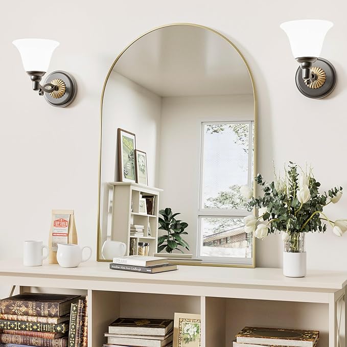 Gold Arched Bathroom Mirror for Wall-30"X20" Wall Mirror for Living Room, Bedroom, Bathroom, Dressing Room Hanging Vanity Mirror for Wall Decoration