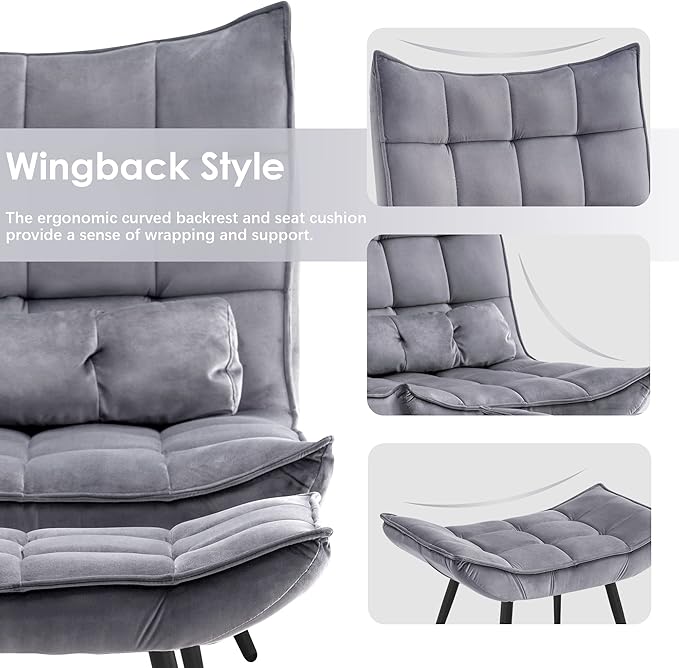 MCombo Accent Chair with Ottoman, Modern Velvet Wingback Lounge Chair, Upholstered Club Chair for Small Space, Living Room & Bedroom 4079 (2, Dark Grey)