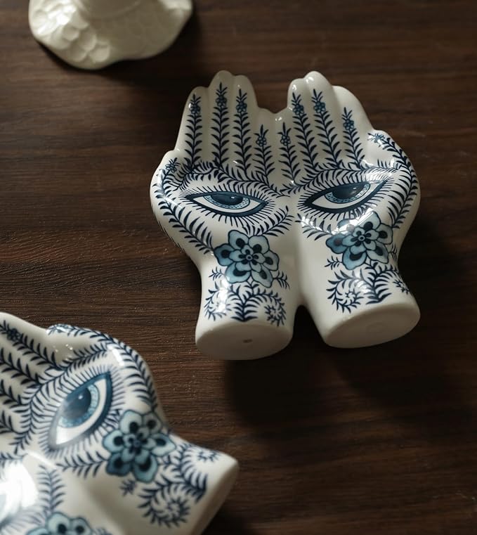 Blue Eye Hand Ceramic Sculpture, Modern Abstract Art Decor Figurine, Hand Shaped Blue Floral Ornament for Living Room, Bookshelf, Office, Home Decor,Decoration Gift