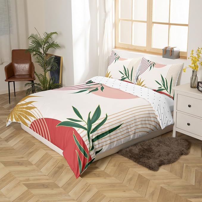 Erosebridal Boho Geometric Leaves Duvet Cover Queen for Kids Teens Adults,Red Pink Gold Green Comforter Cover,Abstract Art Bedding Set,Retro Mid Century Bed Set 3 Pcs Bedroom Decor