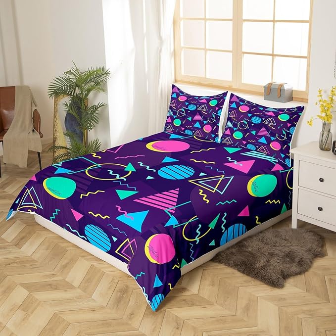 Memphis Duvet Cover Set Full Size, Retro 80s or 90s Fashion Style Bedding Set for Kids Boys Girls, Geometric Triangle Circle Comforter Cover Soft Polyester Quilt Cover with 2 Pillowcases,No Comforter