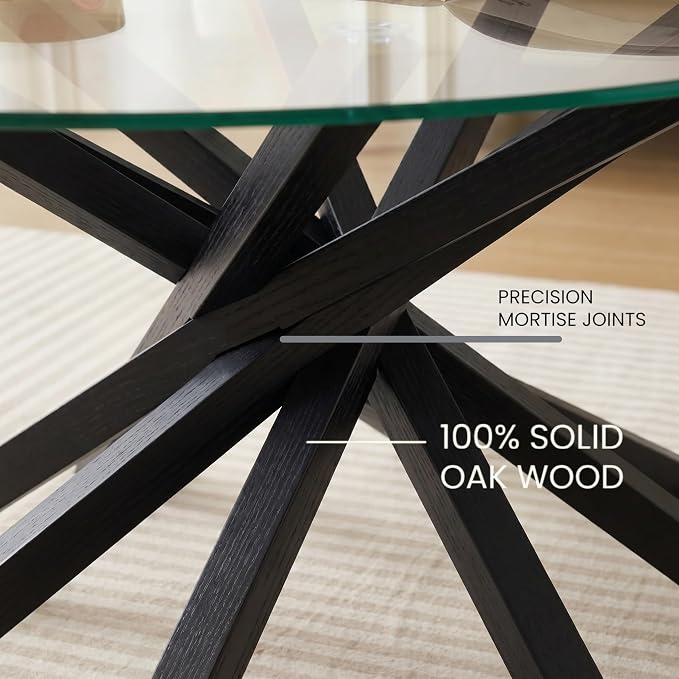 Round Glass Coffee Table-Mid Century Modern Coffee Table with Clear Glass Top&Solid Wood Mortise Interlocking Starburst Legs Design for Living Room,Office,Hotel Lobby,Commercial Environments