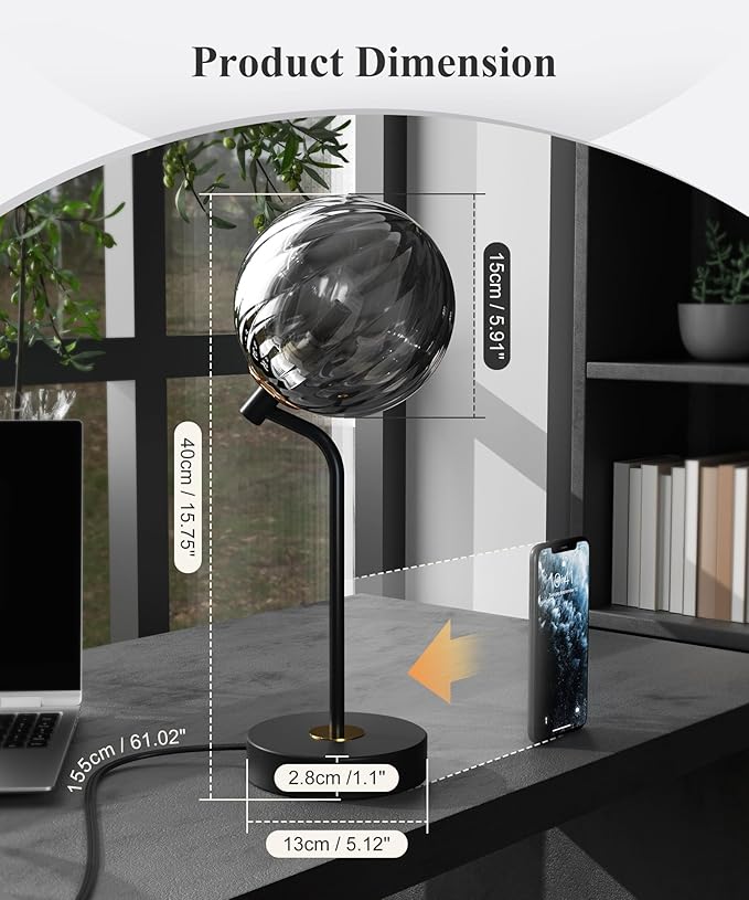M14-2 Metro Sphere Glass Table Lamp - Mid Century Modern Night Stand Lamp with 3-Way Dimmable, USB Charging Ports, Minimalist Decorative Lamps for Living Room,Bedroom,Home Decor