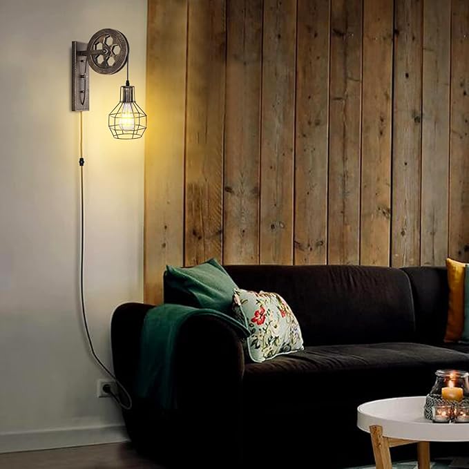 Plug in Wall Sconce Rustic Wall Light Lift Pulley Matte Iron Cage Shade Industrial Mid Century Wall Lamp Indoor Lighting Barn Restaurant (Bronze Color)