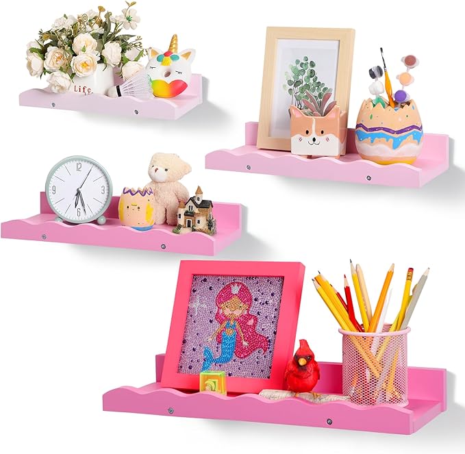 Suzile Set of 4 Floating Nursery Book Shelves for Wall Wood Floating Bookshelves Picture Small Ledge Shelf for Wall Boys Girls Teen Room Bathroom Bedroom Decor Storage(Pink)