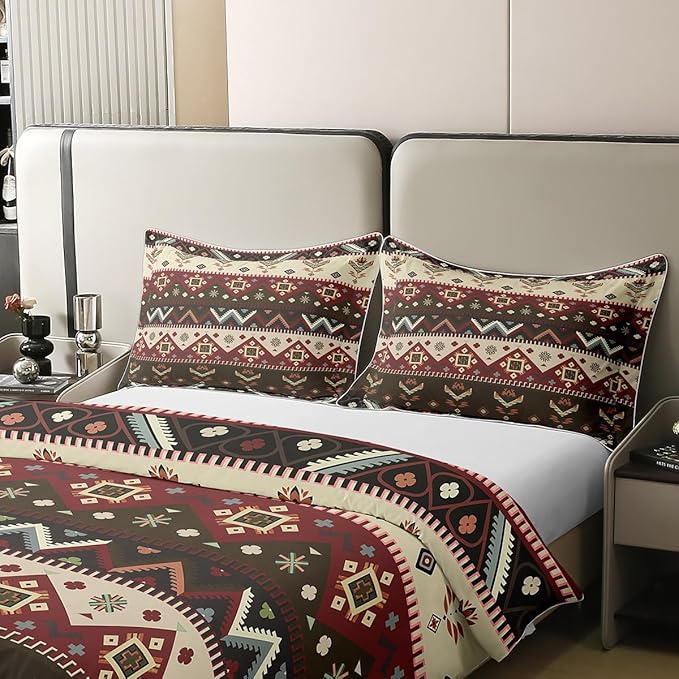100 Percent Cotton Rustic Duvet Cover Twin Southwestern Bedding Set Aztec Tribal Native American Comforter Cover Red Green Abstract Geometric Tribal Bedroom Decor Ethnic Grid Lattice Quilt Cover