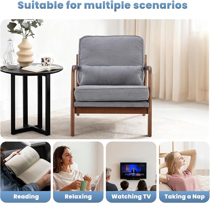 DUMOS Mid Century Accent Chair, Modern Living Room Chair with Arms and Waist Cushion, Reading Chairs for Adults, Lounge Chair for Bedroom, Solid Wooden Frame,Classic Grey