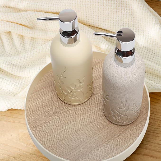 1pcs Hand Soap Dispenser Set, Sandstone Textured Resin Liquid Soap Dispenser for Bathroom Countertop, Heavy & Sturdy Dish Wash Soap Dispenser for Kitchen, Matte Beige