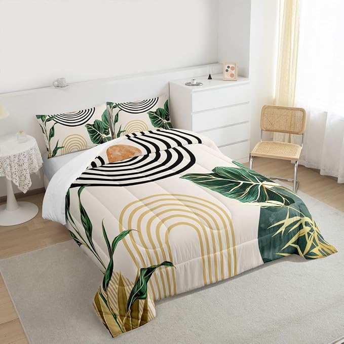 Erosebridal Mid Century Boho Bedding Set Toddler Size Abstract Art Simple Comforter Set,Minimalist Tropical Palm Leaves Bedding Comforter Sets Modern Bohemian Aesthetic Quilt,Green Gold