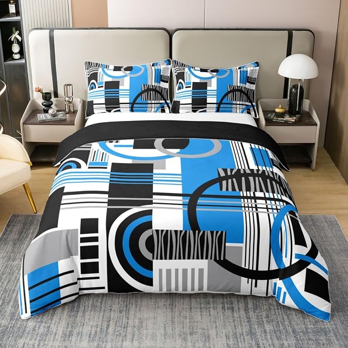 Erosebridal Art Deco Mid Century Duvet Cover Set Retro Modern Abstract Geometric 100% Cotton Comforter Cover Black and White Blue Circles Stripes Queen Bedding Sets, Contemporary Bed Sets