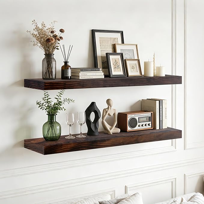 Floating Wall Shelf 36x6.8x1.7 Inch – Solid Wood Shelf in Walnut Finish – Heavy Duty Wall Mounted Rustic Display Shelf for Living Room, Kitchen, Bedroom, Hallway – Set of 2