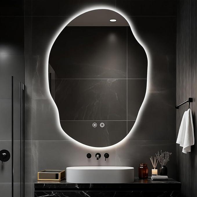 Asymmetrical Bathroom Mirror with Lights,Irregular LED Bathroom Vanity Mirror with Backlit,Anti-Fog,3 Colors and Dimmable Light with Memory,Hardwired Supported[Horizontal/Vertical] 35" H x 25" W