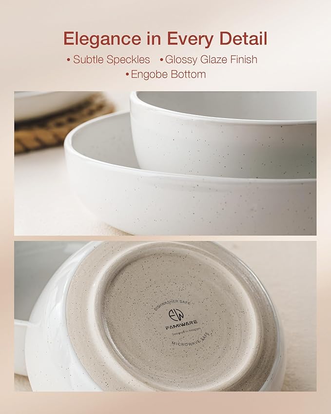 Famiware Milkyway Stoneware Dinnerware Sets with Mugs, Service for 4 (16pcs), Plates and Bowls Sets, Scratch Resistant, Microwave and Dishwasher Safe Dishes Set, White
