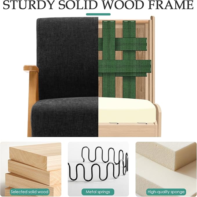 Home Accent Chair Mid Century Modern Accent Chair with Wood Frame, Lounge Upholstered Armchair, Reading Chair, Sturdy Base,For Living Room, Bedroom,Office,Comfy Guest Waiting Room Chairs,Black