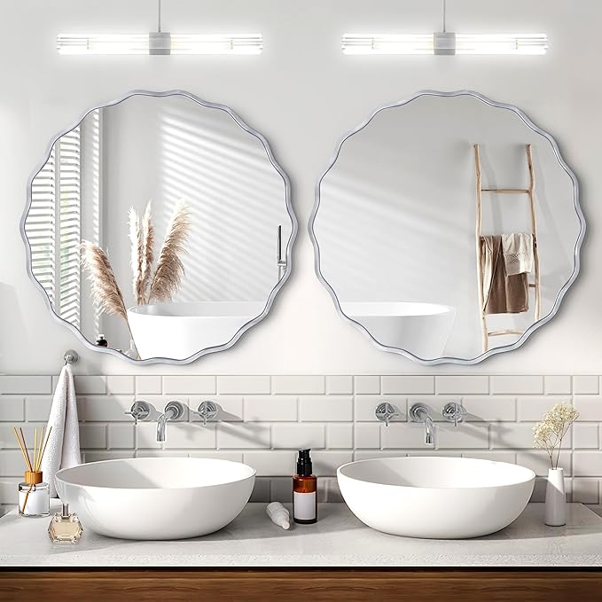 Silver Round Mirror for Wall, 24"x24" Decorative Wavy Bathroom Mirror with Brushed Alloy Steel Frame & Shatter-Proof Glass, Hanging Circle Wall Mirrors for Bathroom, Entryway, Bedroom