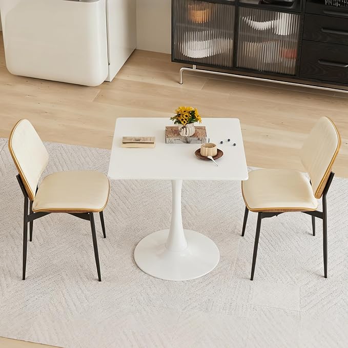 Square Dining Table, 31.5" Tulip Table with Thickened Tabletop & Metal Pedestal, Mid Century Modern Bistro Table for Kitchen, Small Places, Living Room, Cafe (White)
