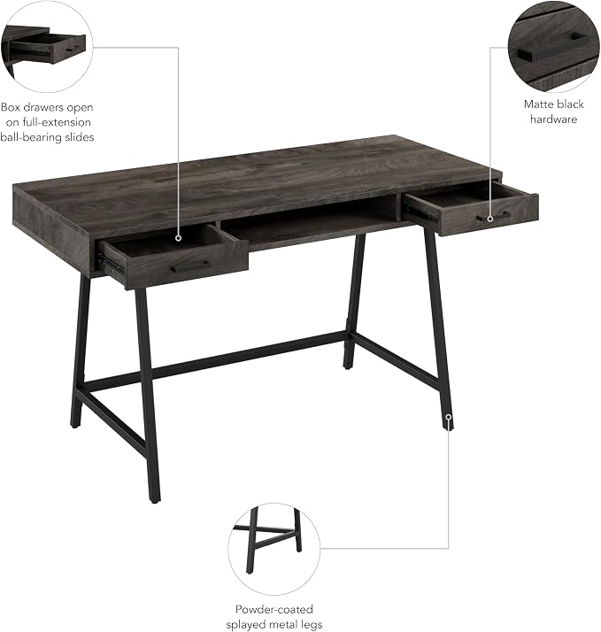 Bush Home Steele 54W Writing Desk with Storage in Dark Gray Hickory | Large Wooden Computer Table for Home Office Workspace