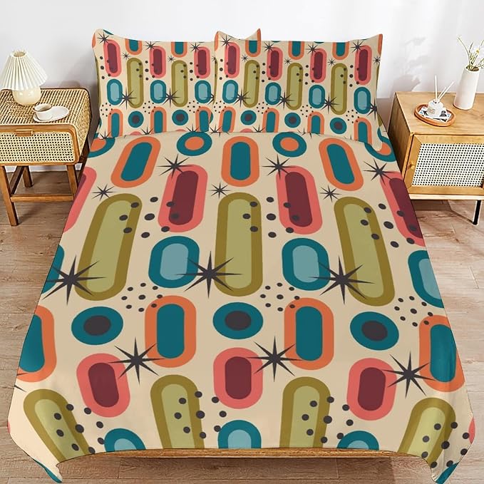 Colorful Aesthetic Comforter Cover Geometry Bed Set, Retro Atomic Duvet Cover，Modern Mid Century Bedding Sets，Aesthetic Abstract Art Bedding 3 Piece (1 Duvet Cover 102"x90" + 2 Pillow Sham 20"x30")