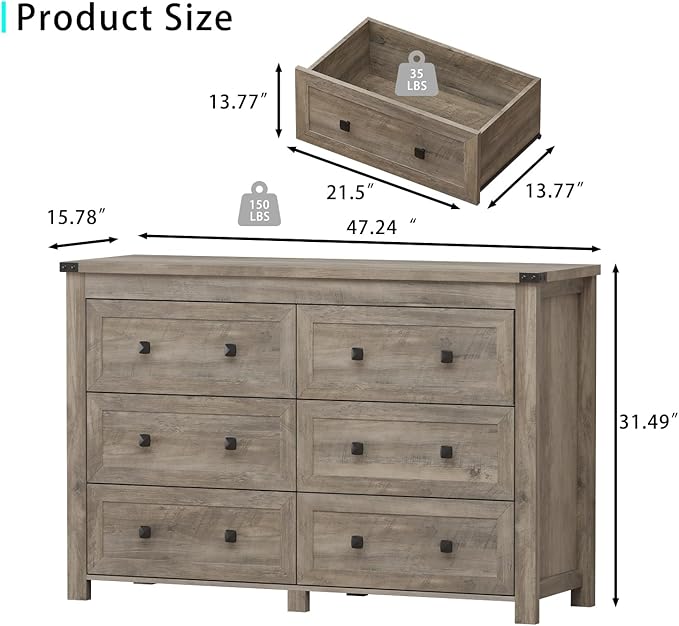 6 Drawer Dresser for Bedroom, Grey Modern Dressers & Chests of Drawers with Metal Handles, Closet Storage Dresser, Storage Cabinet and Organizer with Drawers, Gray