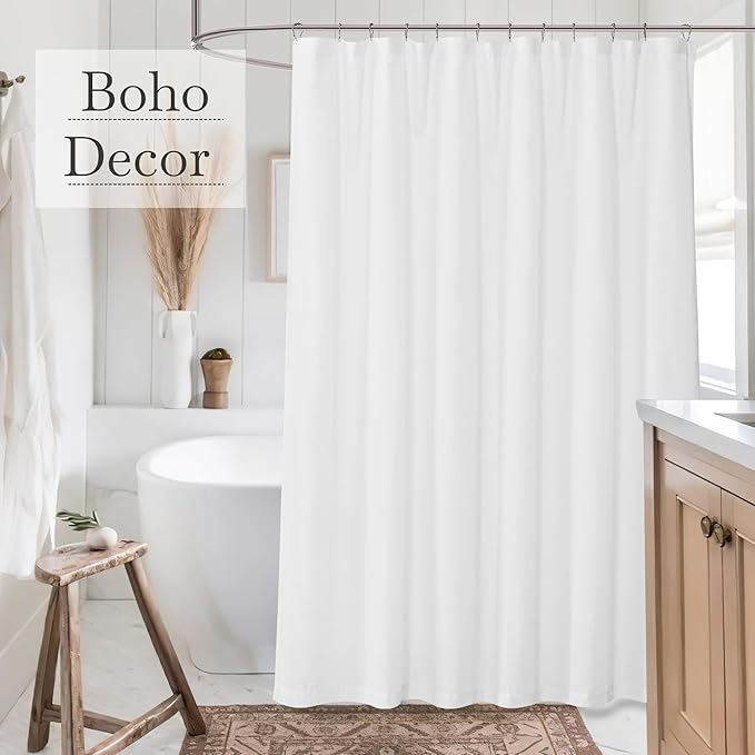 KGORGE White Linen Shower Curtain - Semi Sheer Lightweight Button Hole Half Privacy Quick Dry Shower Curtains for Bathroom Bathtub Decor, White, 72 x 72 inches Long, Hooks Included