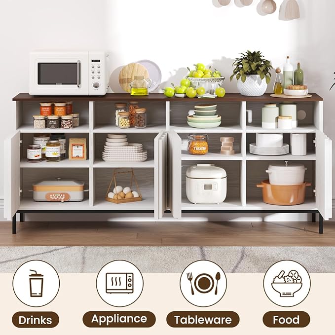 COCO DESIGN 70" Buffet Sideboard Cabinet with Fluted Panel Doors, Large Credenza Console with Power Outlet & Adjustable Shelves, Modern Storage Cabinet for Kitchen & Living Room, White