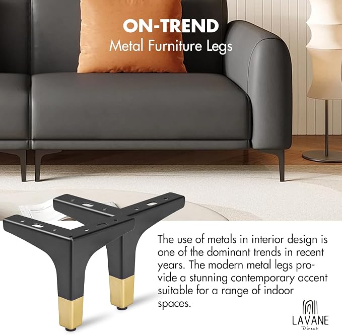 La Vane 7 Inch Metal Furniture Legs, Set of 4 - Modern Diamond Triangle Black/Gold DIY Replacement Feet Corner Legs for Cabinet, Sofa, Sideboard, Couch, Dresser Makeover