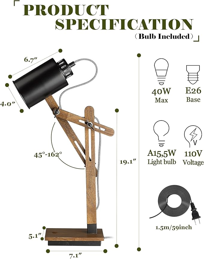 ELYONA Touch Control Sapele Wood Desk Lamp with Wireless Charging & USB Port, LED Reading Task Light,Adjustable, Swing Arm Table Lamp for Bedroom, Study Work, Office, Dorm, Bulb Included, Black