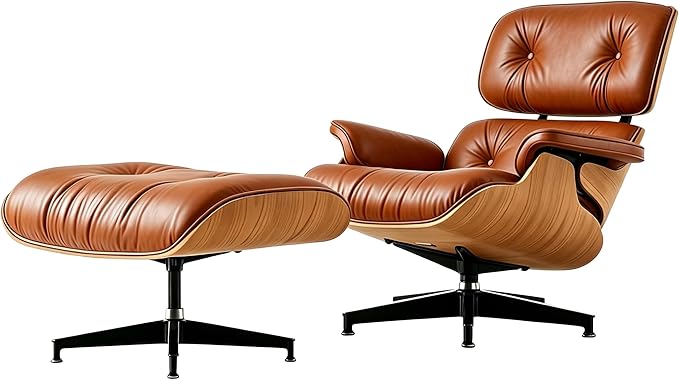 Mid Century Chaise Lounge Chair with Ottoman, Modern Retro Classic Design, PU Leather & Walnut Wood, Heavy Duty Metal Support, Comfortable for Living Room Bedroom Office（Brown-Premium）