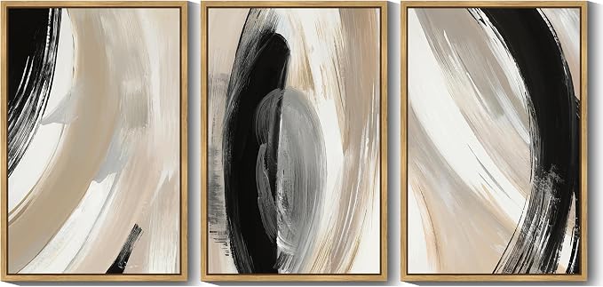 KUVIOKE Black Abstract Framed Wall Art Neutral Minimalist Graffiti Pastel Wall Decor Modern Illustration Art Painting for Bedroom Dining Room 24x36in (Natural Framed)
