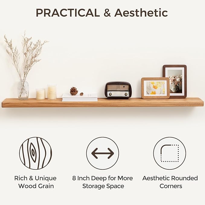 Fun Memories 72 Inch Floating Shelves for Wall, Solid Elm Wood Wall Shelf for Home Decor, Heavy-Duty Hardwood Floating Shelf for Bedroom, Bathroom, Living Room, Set of 1