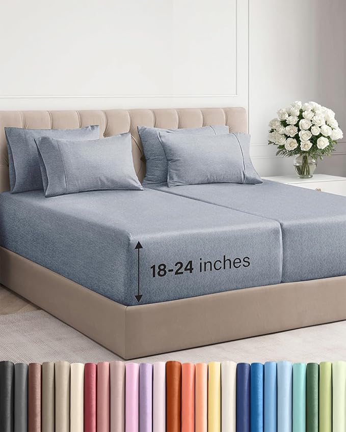 Extra Deep Split King Sheet Set - 7 Piece Breathable and Cooling Sheets - Hotel Luxury Bedding for Women, Men, Kids & Teens - Secure Fit - Soft and Wrinkle Free - Extra Deep Pockets - Heathered Blue