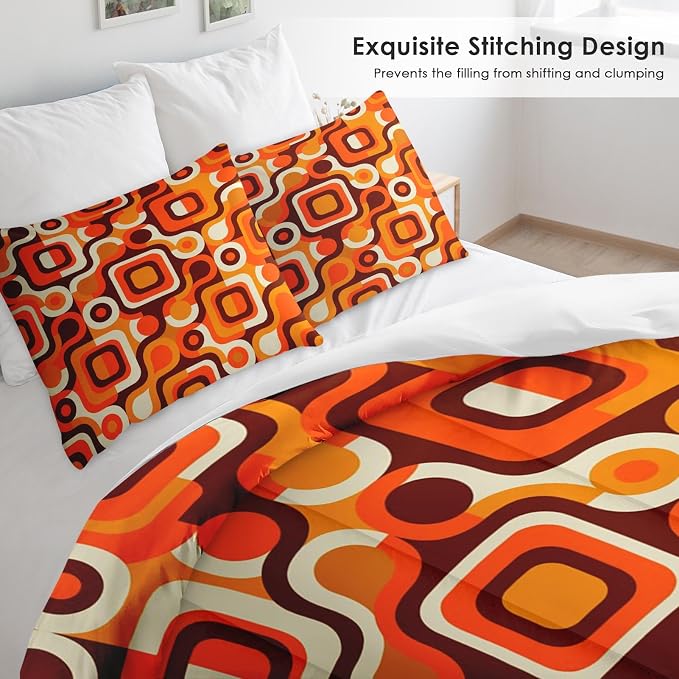 Pamnest Comforter Set Queen Size, 70S Retro Orange Soft Bedding for Kids and Adults, Abstract Brown Yellow Beige Comforter Set with 2 Pillowcases for Bedroom Bed Decor