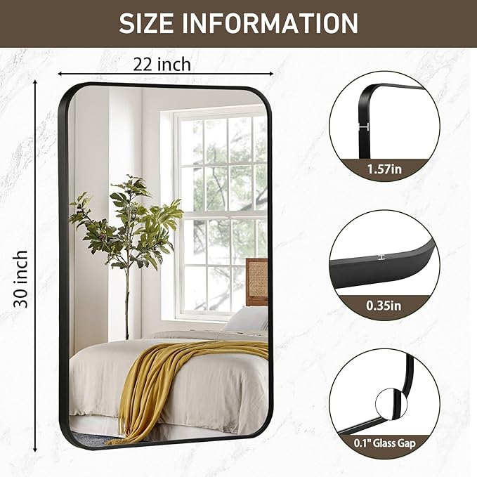 Black Bathroom Mirror, 22x30 Inch Matte Black Mirror, Aluminum Alloy Framed Vanity Mirror, Rounded Rectangle Mirror for Over Sink, Anti-Rust Wall Mirror (Horizontally or Vertically)